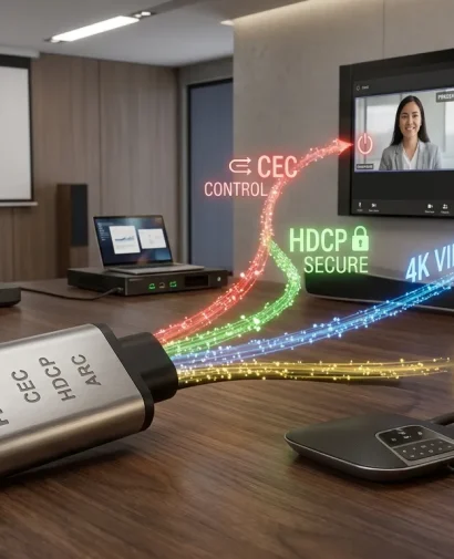 Câble HDMI haute vitesse connecté à une prise murale vidéo pour intégration audiovisuelle professionnelle.